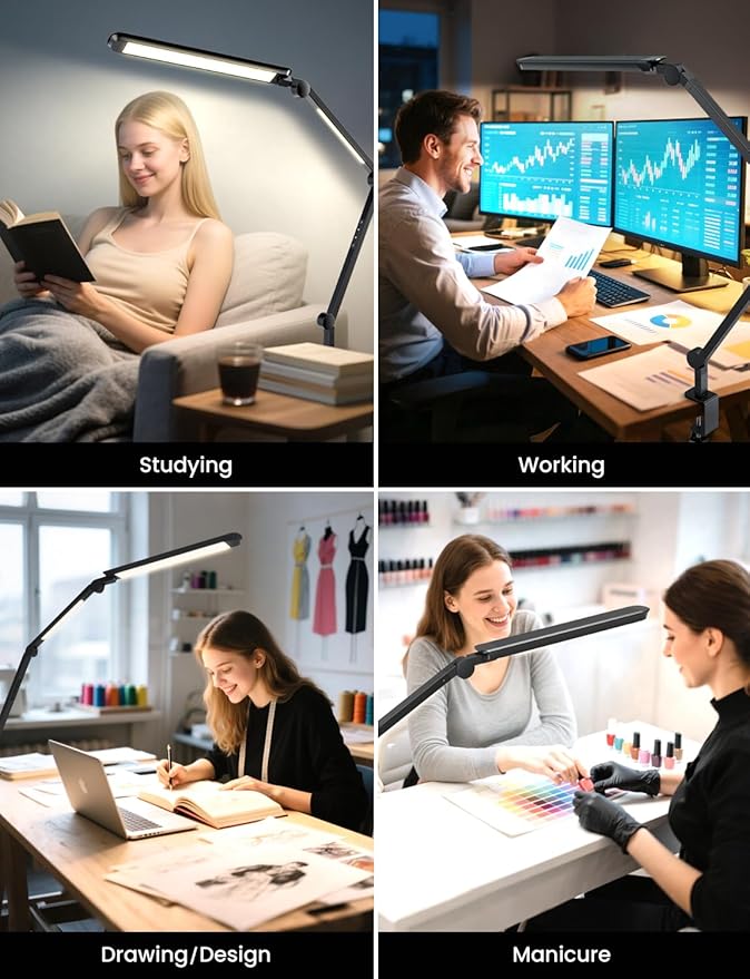 LED Desk Lamp with Clamp, Clip-on Architect Desk Lamp with Dual Light Source for Home Office, Adjustable Swing Arm Table Light, with Remote, 4 Color Mode & Brightness, For Crafting Sewing Reading