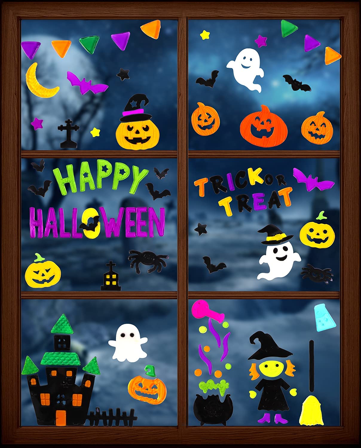 JOICEE 6pcs Halloween Gel Window Clings - Pumpkins Witch Bats Spider Window Decors
