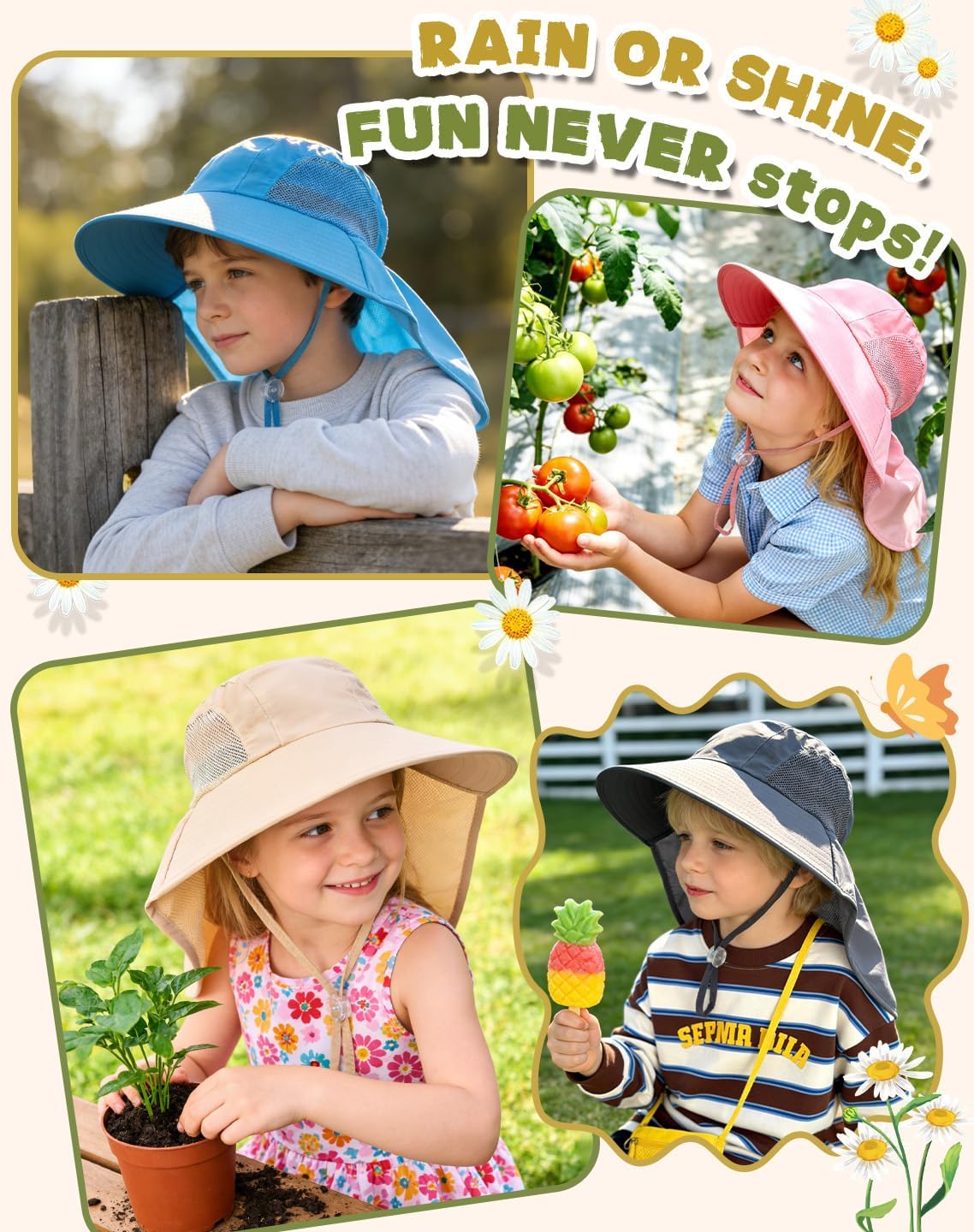 Rosoz Kids Sun Hat with Neck Flap UV Protection Summer Toddler Beach Hat Unisex Ponytail Hat Wide Brim Fishing Hat-Dark Grey