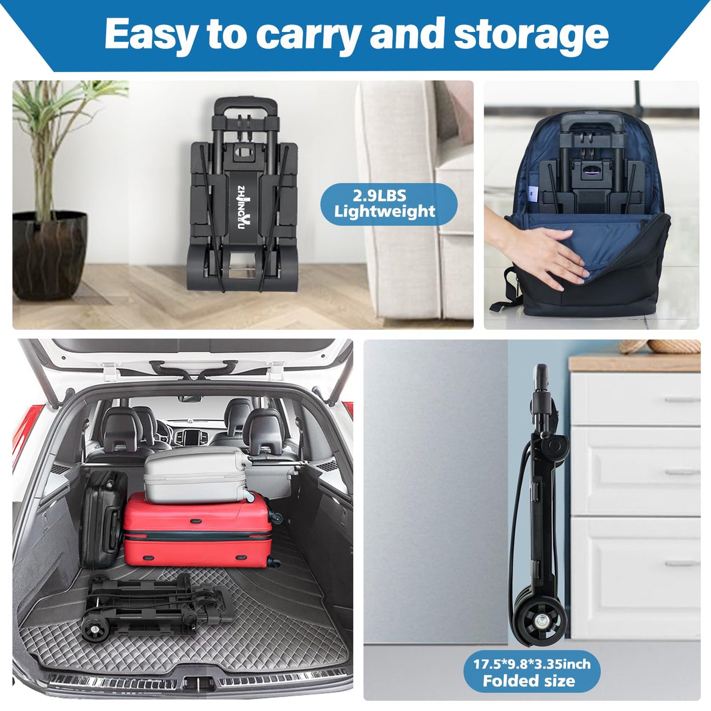 Folding Hand Truck Trolley Dolly, Folding Cart Small Trolley Dolly with Wheels, Lightweight Utility Dolly Expandable Baseplate Small Backpack Portable Luggage Cart for Airport Travel