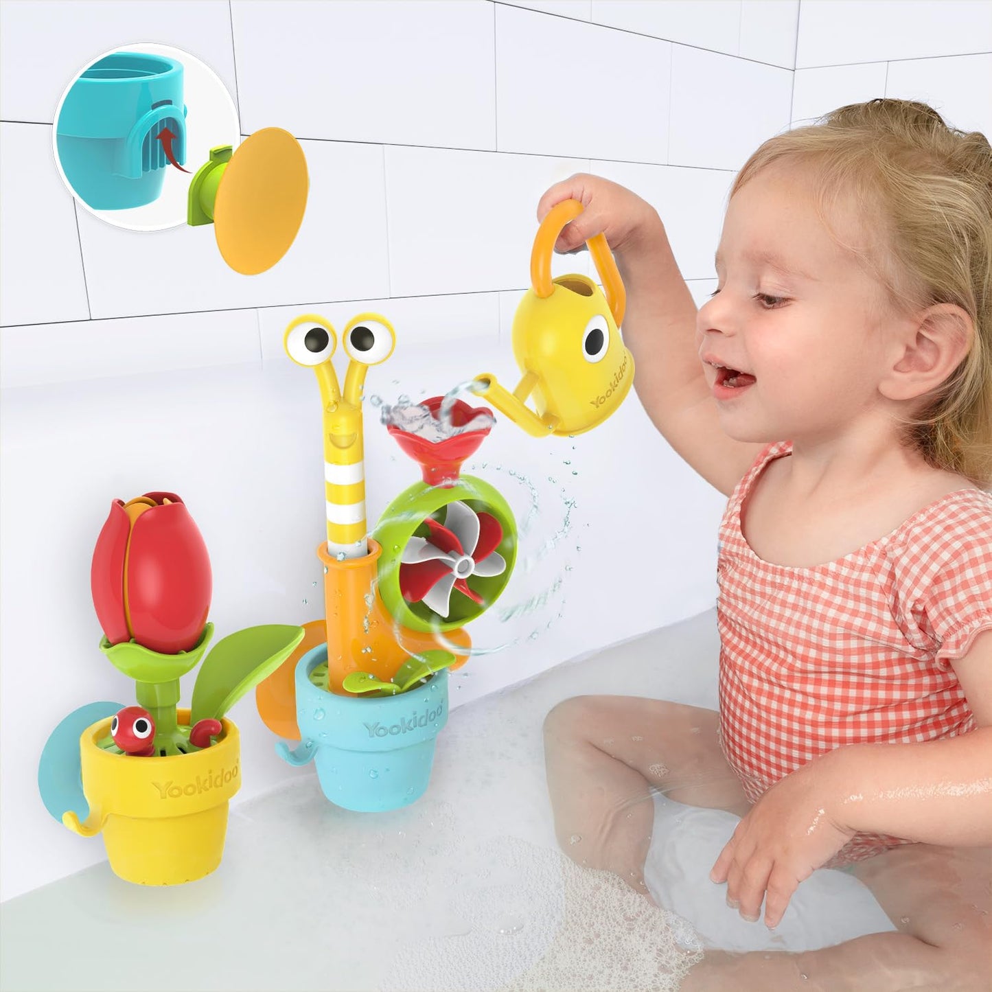 Yookidoo Toddler Baby Bath Toy (Ages 1-3) Garden Adventure Set Bundle: Snail & Flower with Watering Can (Mold Free) Attach to Any Tub, Shower Fun for Bath Time - Great for Boys , Girls , & Kids