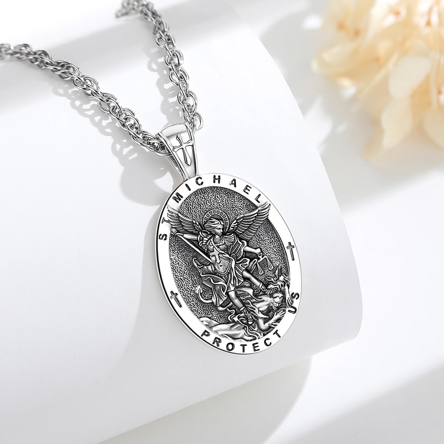 EUDORA St Saint Michael Necklace Medal for Women Men S925 Sterling Silver, Archangel St Michael Pendant for Protection Medalla de San Miguel Arcangel Christian Jewelry Gifts for Mens Women, 22"+2"
