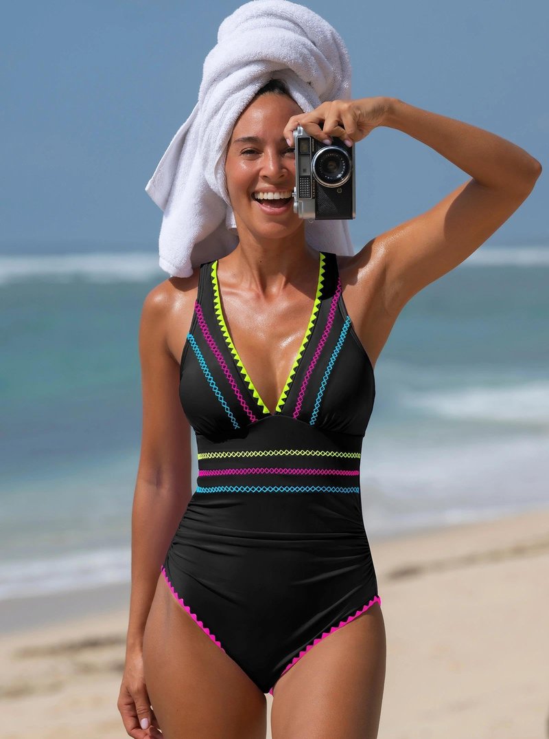 popvil Modest One Piece Swimsuits for Women 2026 Tummy Control Neon Bathing Suit with Adjustable Strap, Black, Large