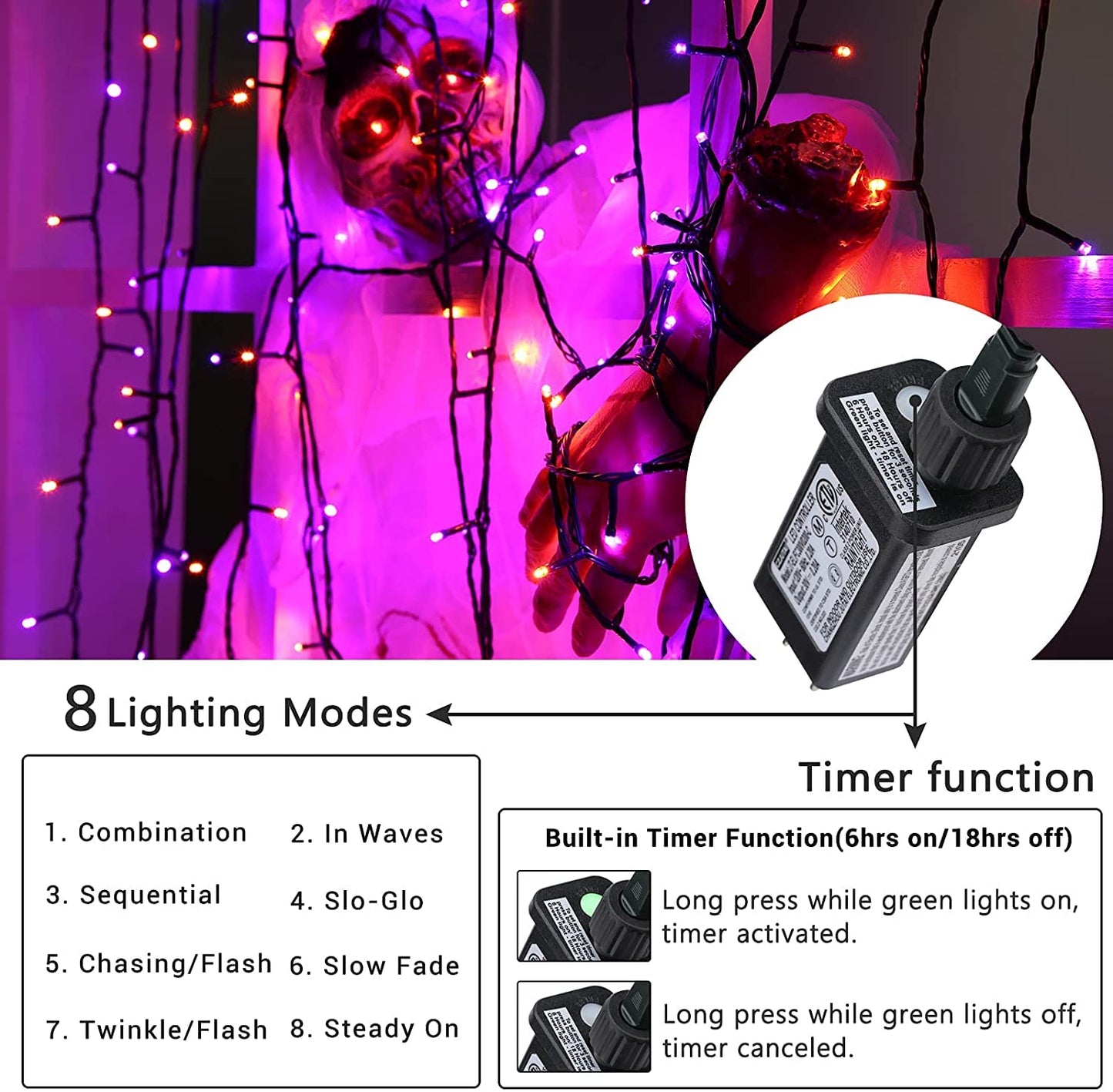 Orange and Purple Halloween Lights, 114ft 300 LED Connectable Halloween String Lights with 8 Modes, Waterproof Plug in Orange Purple Fairy Light for Party, Garden, Indoor Outdoor Spooky Decorations