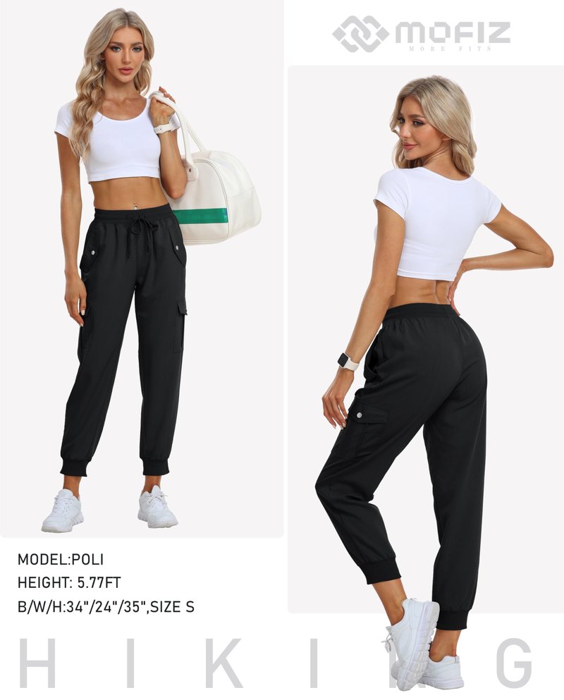 MoFiz Women's Outdoor Cargo Pants Lightweight Joggers Elastic Waist Athletic Hiking Sweatpants Casual Travel Pant with Pocket Black M