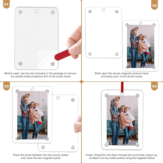 Christmas Photo Ornament Set of 4, 2x3'' Iridescent Acrylic Hanging Picture Frame for Family Photo, Christmas Tree, Holiday Decoration, Multifunctional Magnetic Picture Frames for Car and Fridge Decor