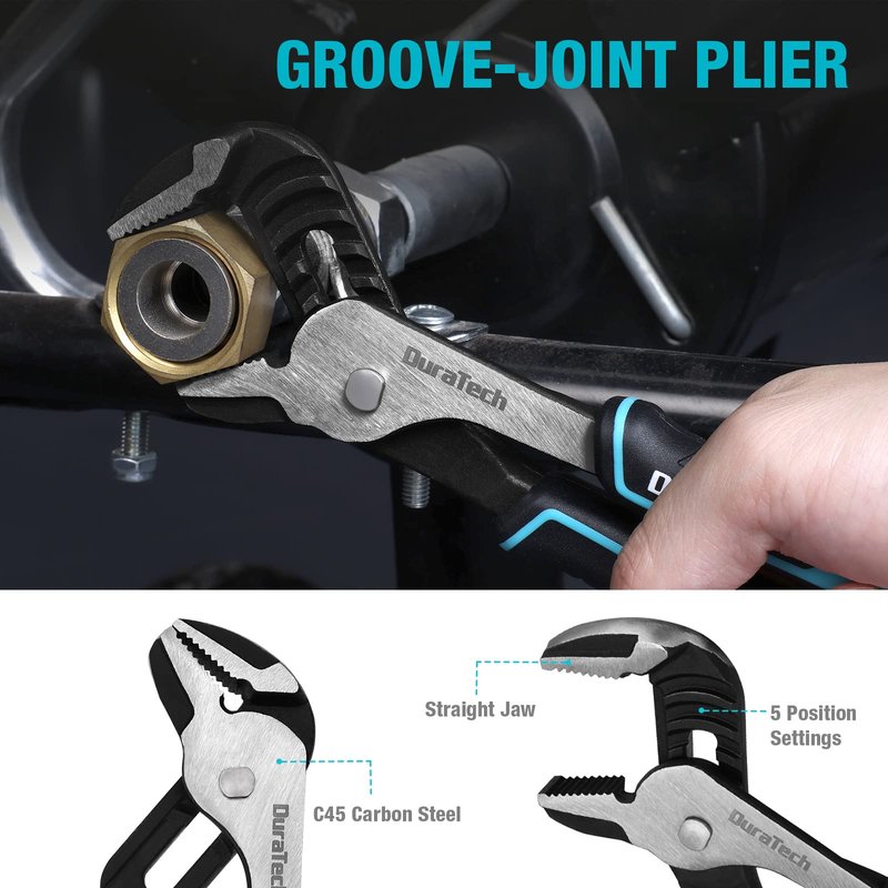 DURATECH 5-Piece Cr-Ni Pliers Set, 6" Long Nose, Slip Joint, Diagonal Cutting, 8" Linesman, Groove Joint Pliers, Easy Storage Oxford Rolling Pouch
