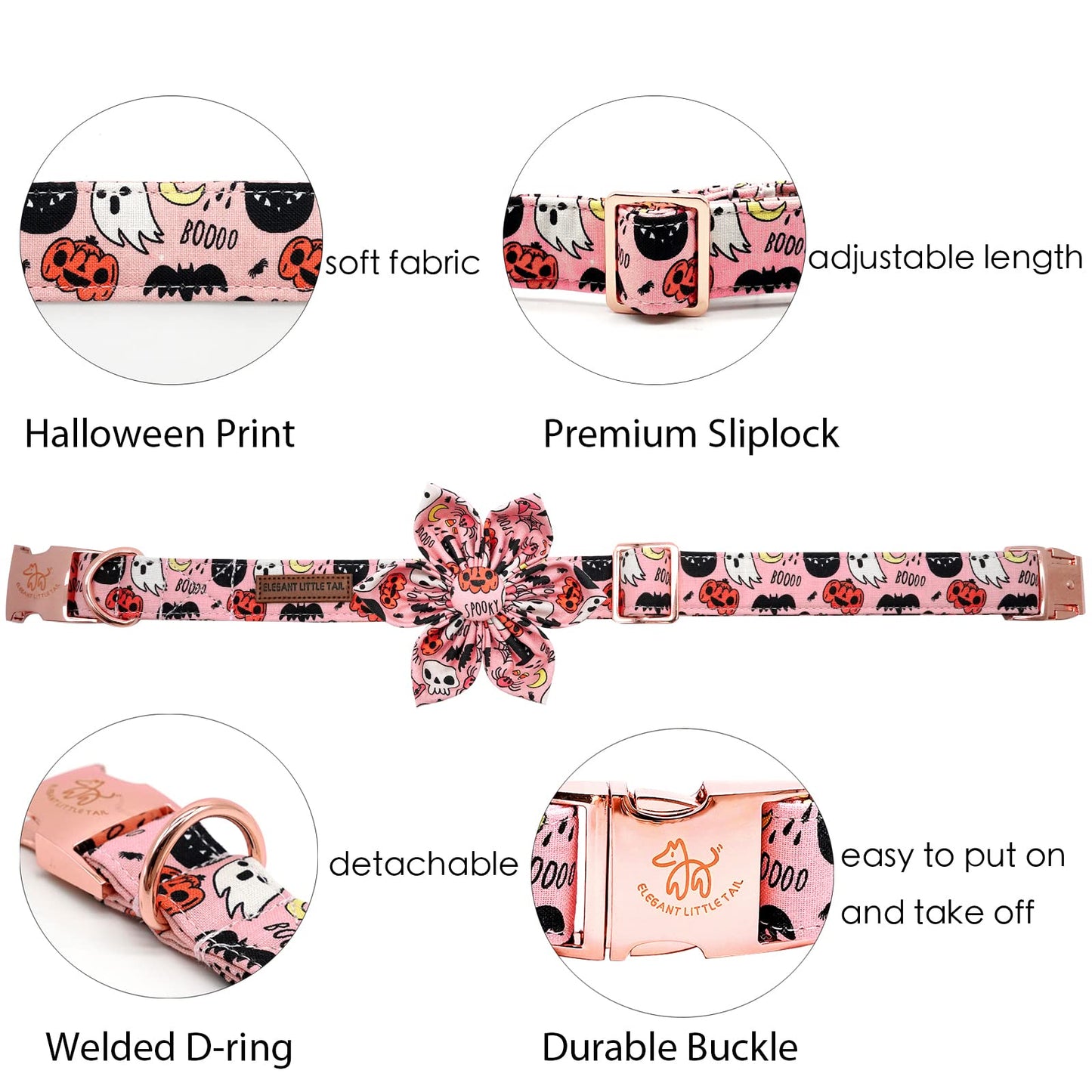 Elegant little tail Dog Collar with Flower, Fall Dog Collar Halloween Pumpkin Flower Collar Dog Girl Pet Collar Dog Collars for Large Dog
