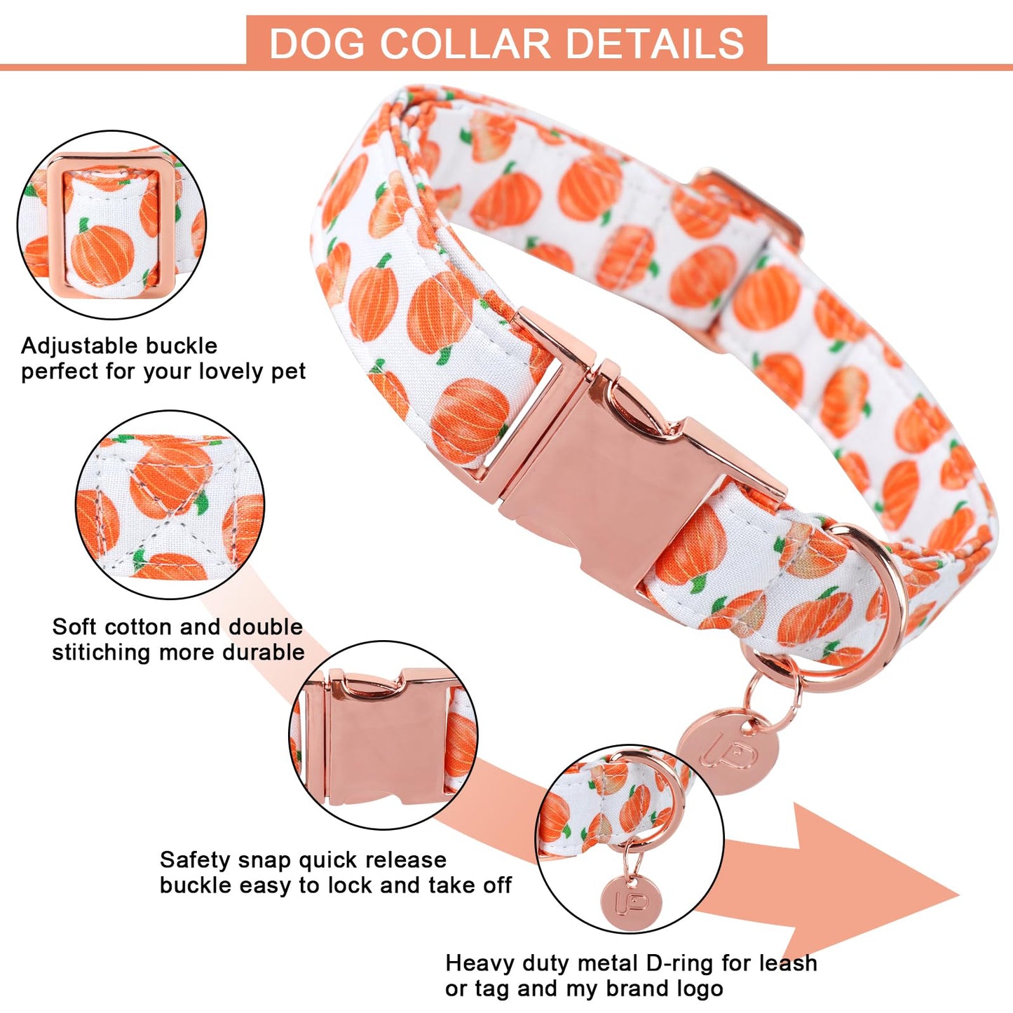 UP URARA PUP Halloween Dog Collar with Metal Buckle Gift Fall Dog Collar for Small Medium Large Girls or Boys Dogs Cute Pumpkin Cotton Pet Collars