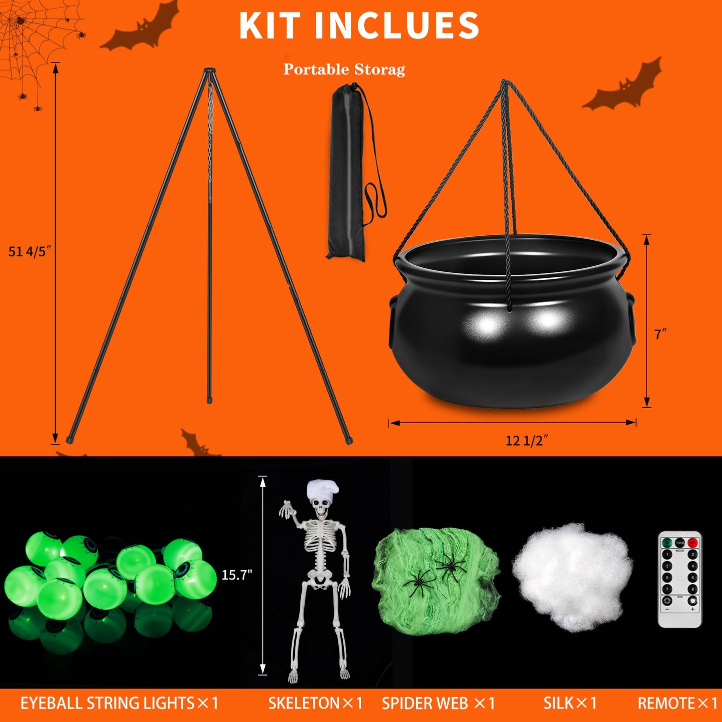 Halloween Decorations Outdoor Indoor,Large Witches Cauldron on 52" Tripod with String Lights, Skeleton and Eyeballs,Hocus Pocus Decor,Witches Cauldron for Yard Patio Garden Lawn Decorations.