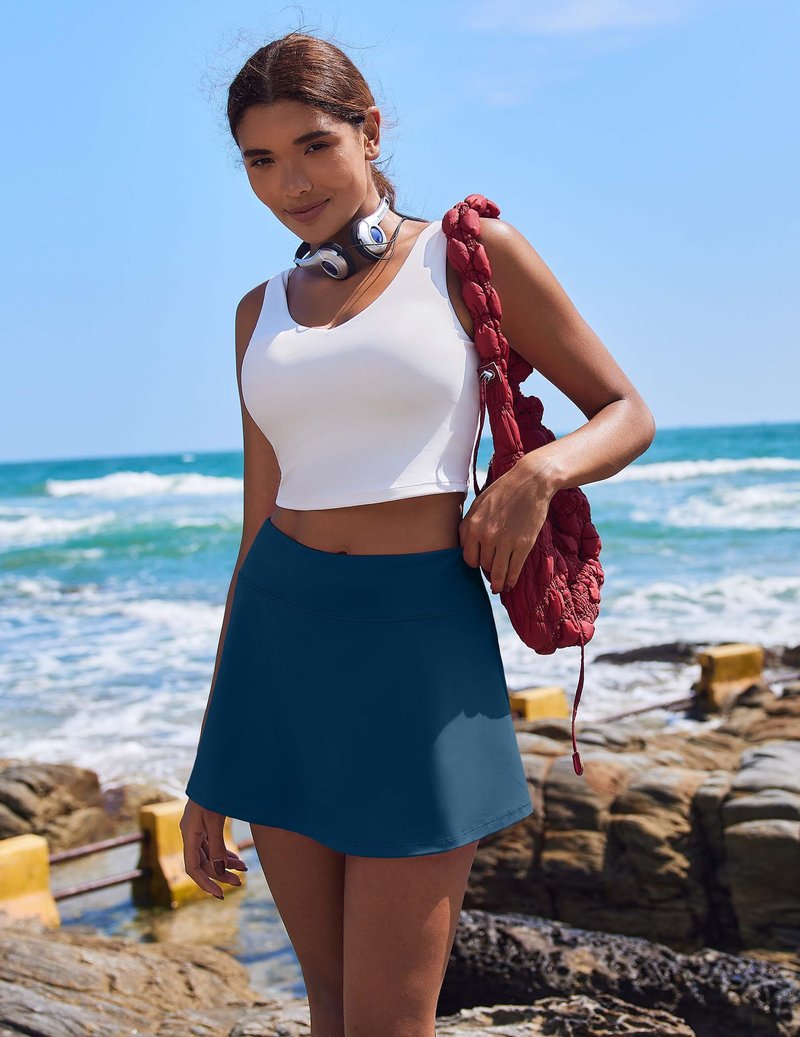 PINSPARK Tennis Skirts for Women Workout Golf Skorts Pleated High Waisted Athletic Skirt with Pockets,Dark Blue Medium