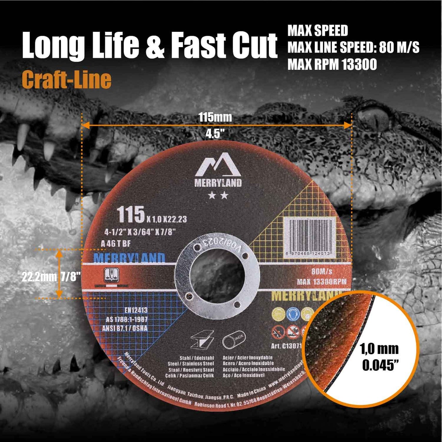 Merryland Cutting Disc 115 Metal for Angle Grinder, 115 X 1.0 X 22.23 mm Cutting Wheel 50 Pieces, INOX Stainless Steel Iron Universal 4.5 inch Type 41, Craft-Line C13071042