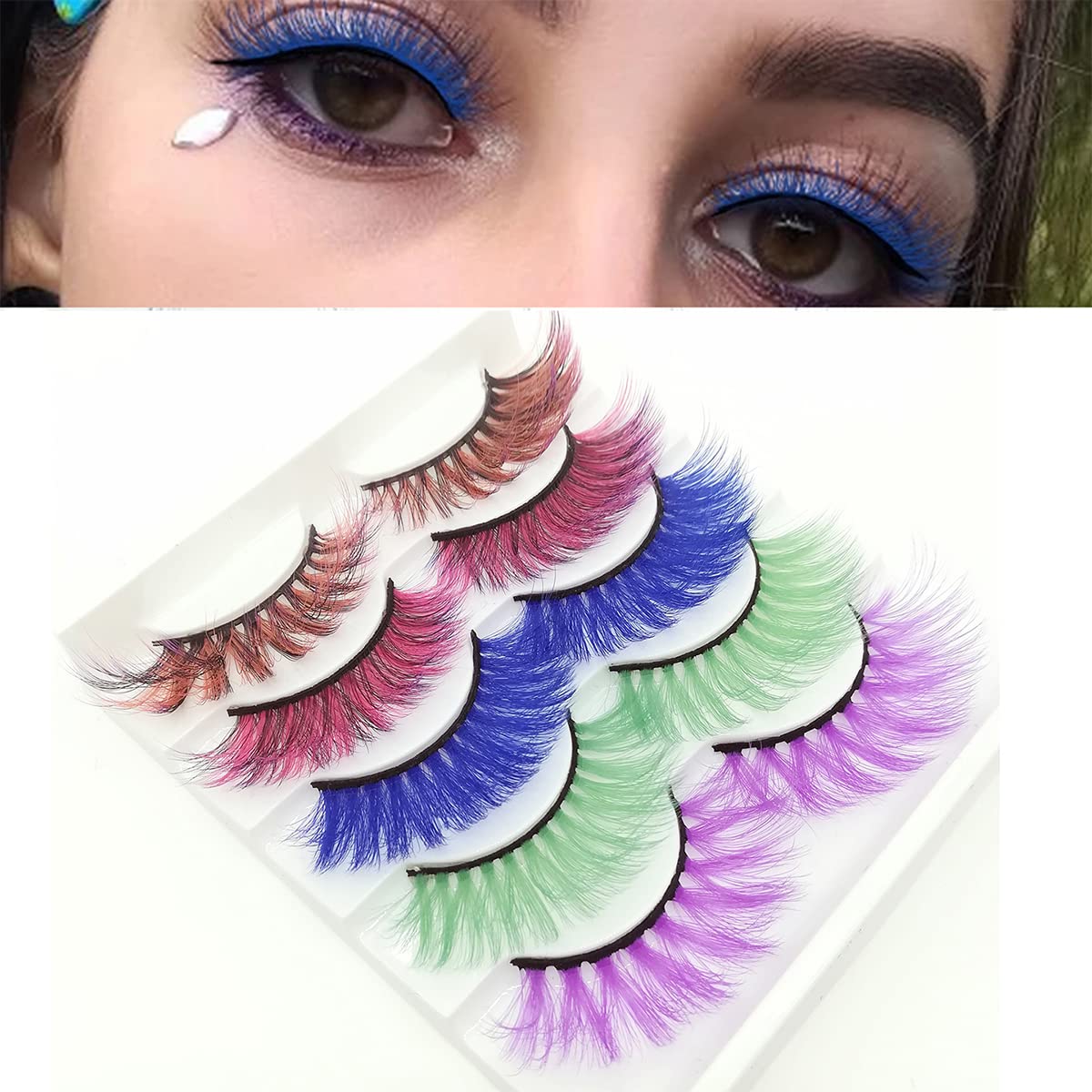 Colored Lashes Halloween Colorful Eyelashes Easter Faux Mink False Eye Lashes With Color Cosplay Long Dramatic Party Fake Eyelashes Extensions Makeup Tools 5 Pairs (MQ3-15MM)