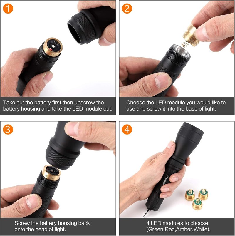 Predator Hunting Flashlight Kit - Rechargeable Red, Green, White & Amber Light | Scope Rail Mount & 10-Hour Battery Life