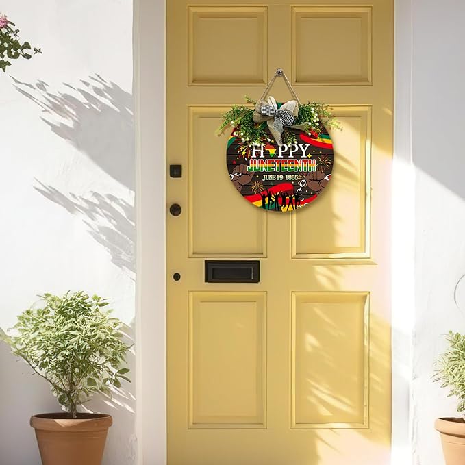 Happy Juneteenth Decorations Door Sign Wooden June 1865 Yard Signs Black Pride Front Door Decor Wreaths Freedom Day Wall Hanger African American Independence Day Festival Plaque 12 Inch
