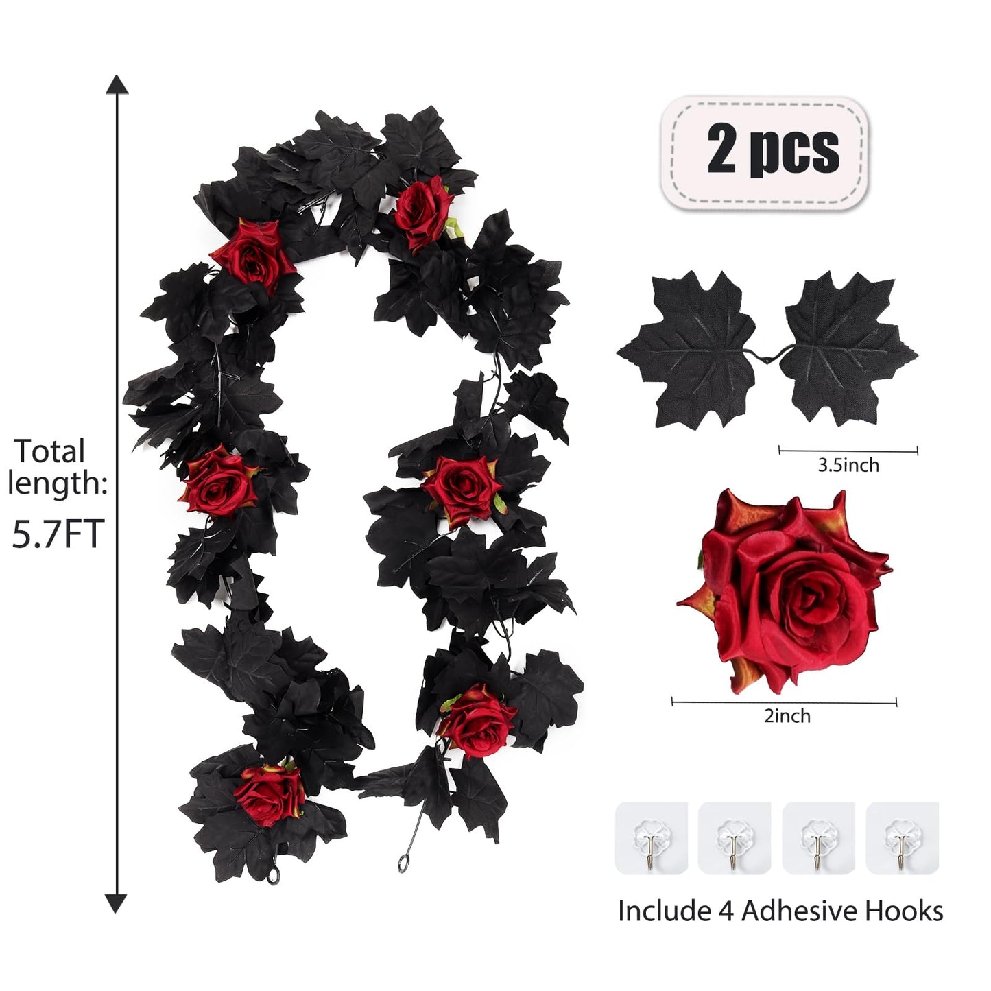 Artificial Black Garland Hanging Vine Artificial Floral Vines Fall Garland Hanging Flower Fake Rose Vines for Black and Burgundy Wedding Decor Halloween Indoor Outdoor Party Wall (Red Rose)