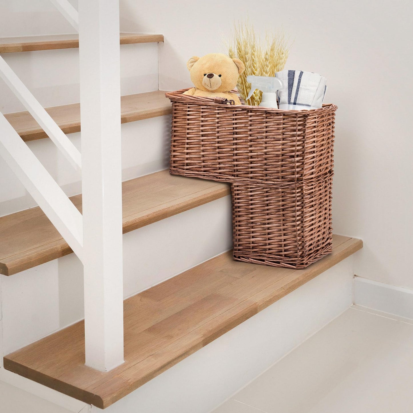 Woodluv L-Shape Large Wicker Step Basket With Insert Handle, Step Tidy Storage Basket, Bin for Laundry, Toys, Household Items, Staircase Storage Basket Organiser, Natural, 38 x 21 x 40 cm