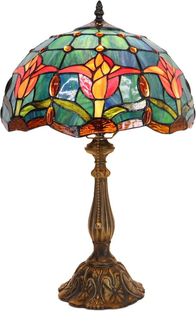 Tiffany Lamp Stained Glass Table Lamp Bedside Reading Light W12H19 Inches (Tulip Style)