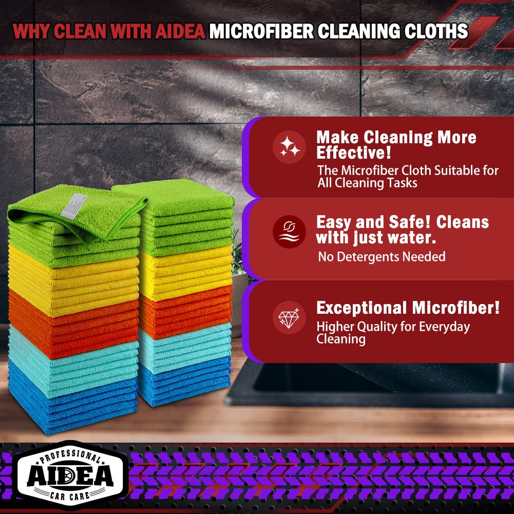 AIDEA Microfiber Cleaning Cloth, 50PK, Microfiber Towels for Cars, Premium Wash Cloths, Dusting Cloth Cleaning Rags, Absorbent Towels for SUVs, House, Kitchen, Window, Cleaning Supplies12×12"