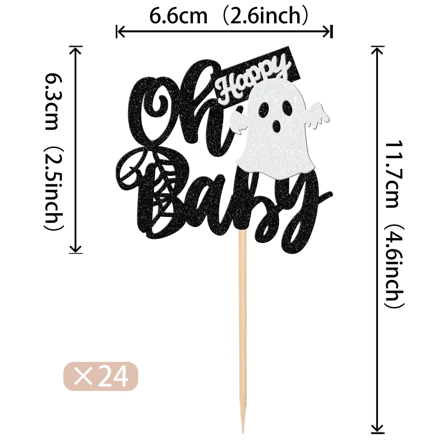 24 PCS Halloween Ghost Oh Baby Cupcake Toppers Glitter Spooky Baby Shower Cupcake Picks for Halloween Theme Baby Shower Kids Birthday Party Cake Decorations Supplies