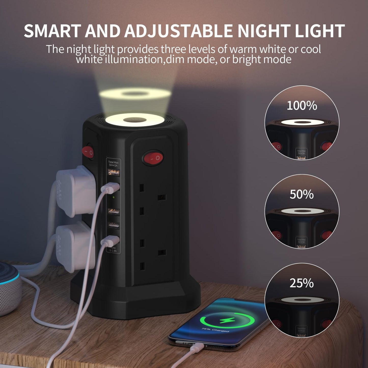 Tower Extension Lead with USB Slots and Night Light, (13A 3250W)5 USB Ports & 8 Way Socket Extension Tower, Surge Protected Extension Lead with 4 Switches, 1.8M Extension Cable for Home, Office