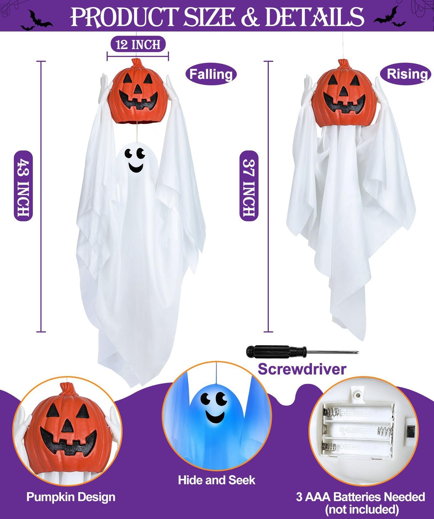 Sound Activated 43” Halloween Animatronics Hanging Ghost Holding Pumpkin, Hide-and-Seek Ghost with Blue Light & Creepy Sound for Halloween Decorations Outdoor, Yard Porch Party Haunted House