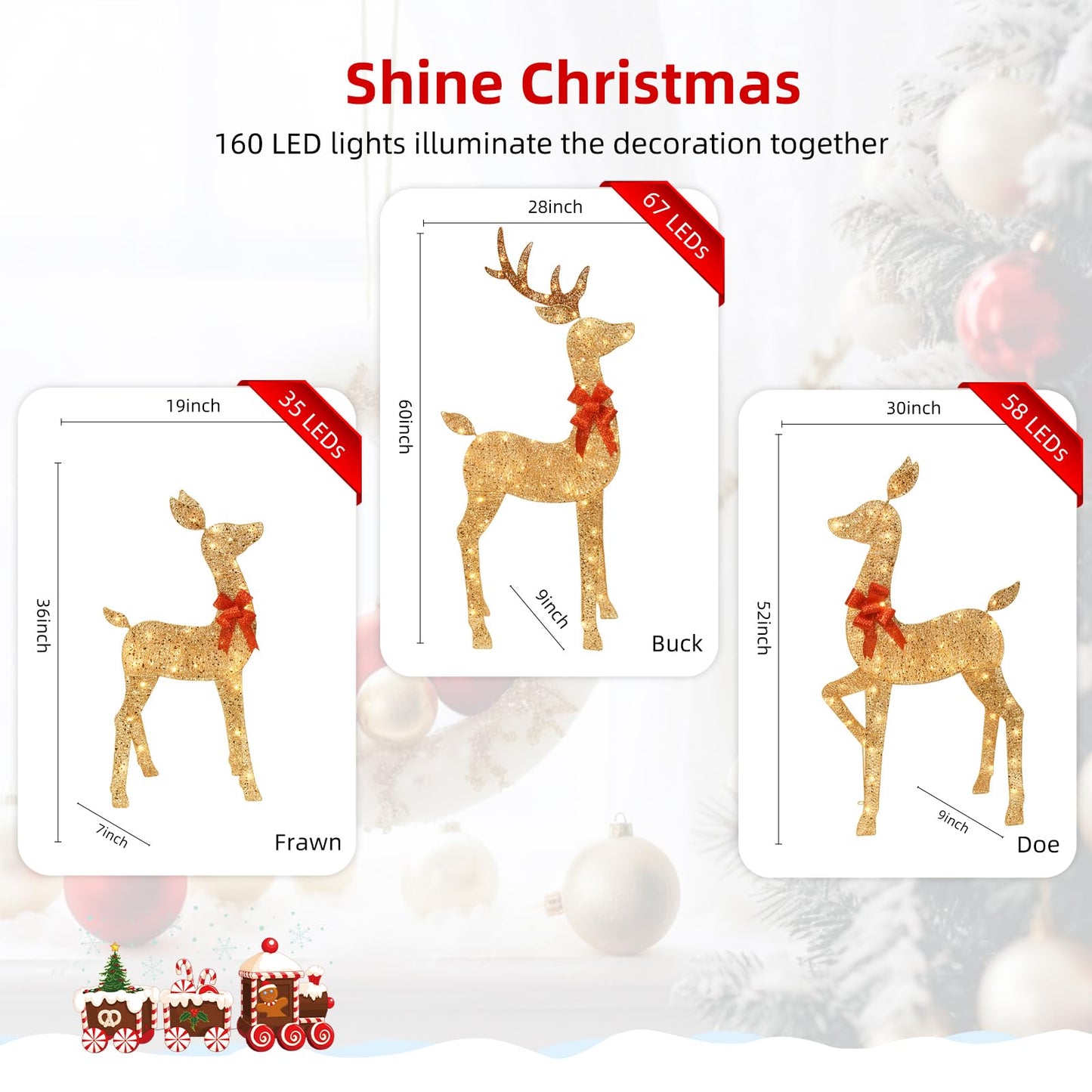 HOYECHI 5 FT Oversized Christmas Decorations Outdoor Lighted Reindeer – 3-Piece 2D Deer Family Set with 160 Warm White LED Lights for Yard, Lawn, Garden & Porch Holiday Display - Gold