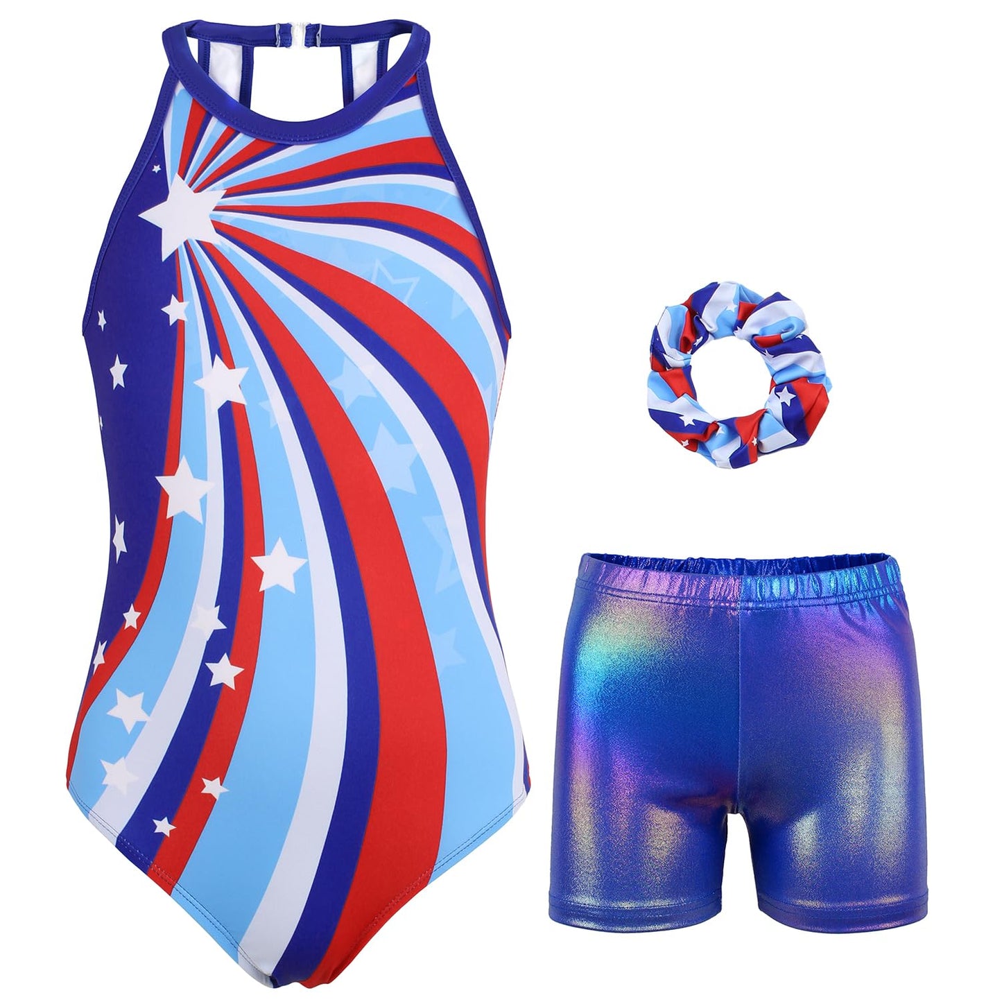 JOYSTREAM Gymnastics Paris Olympic Leotards for Girls With Shorts Sparkly Ballet Dance Clasp Back Activewear Independence Flag,10-11Years