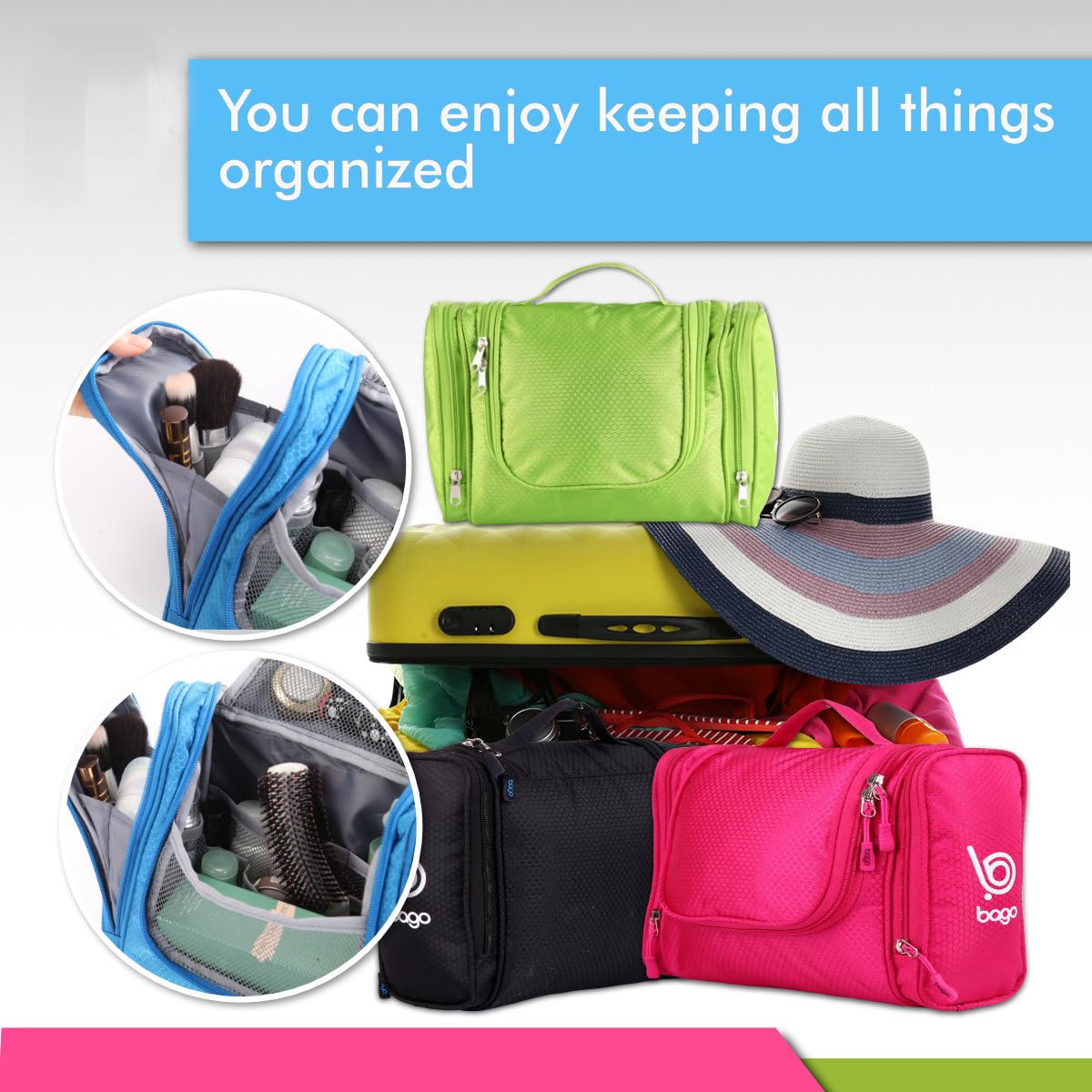 Bago Travel Hanging Toiletry Wash Bag - Large Waterproof Organizer for Women and Men - Cosmetic Essentials (Black)