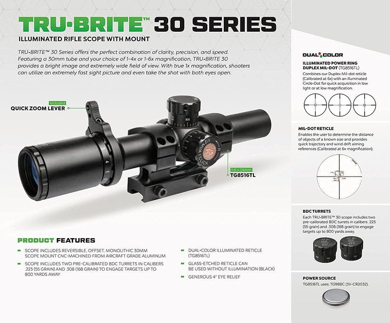 TRUGLO Tru-Brite 30 Series 1-6 x 24mm Tactical Hunting Shooting Durable Waterproof Fogproof Shock Resistant 30mm Aluminum Tube Dual-Color Illuminated Reticle Riflescope Flip-Up Lens Caps Included