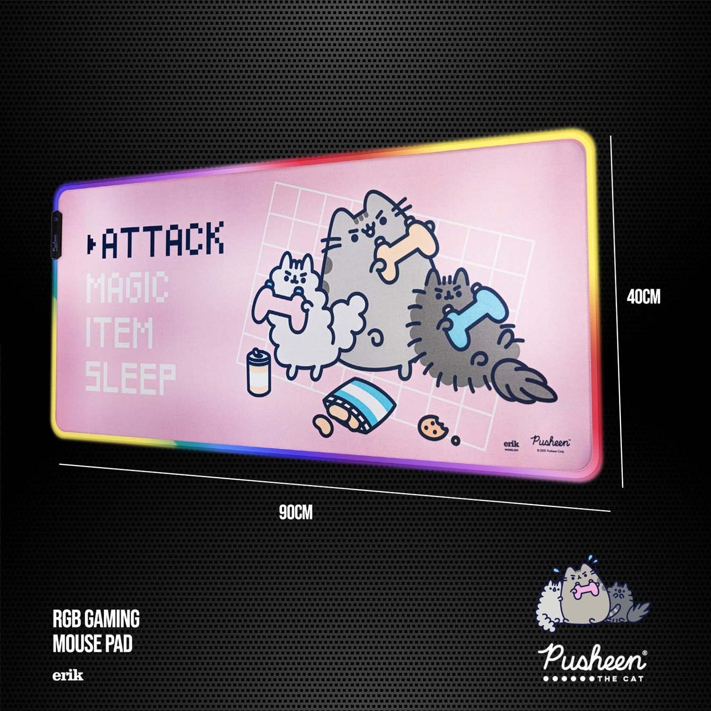 Erik Official Pusheen XXL RGB Gaming Mouse Mat | LED Mouse Mat | 900x400x4 mm Non-Slip Rubber Base Mouse Pad RGB, RGB Gaming Mouse Pad, Keyboard Mouse Mat | Pusheen Gifts | Kawaii Gaming