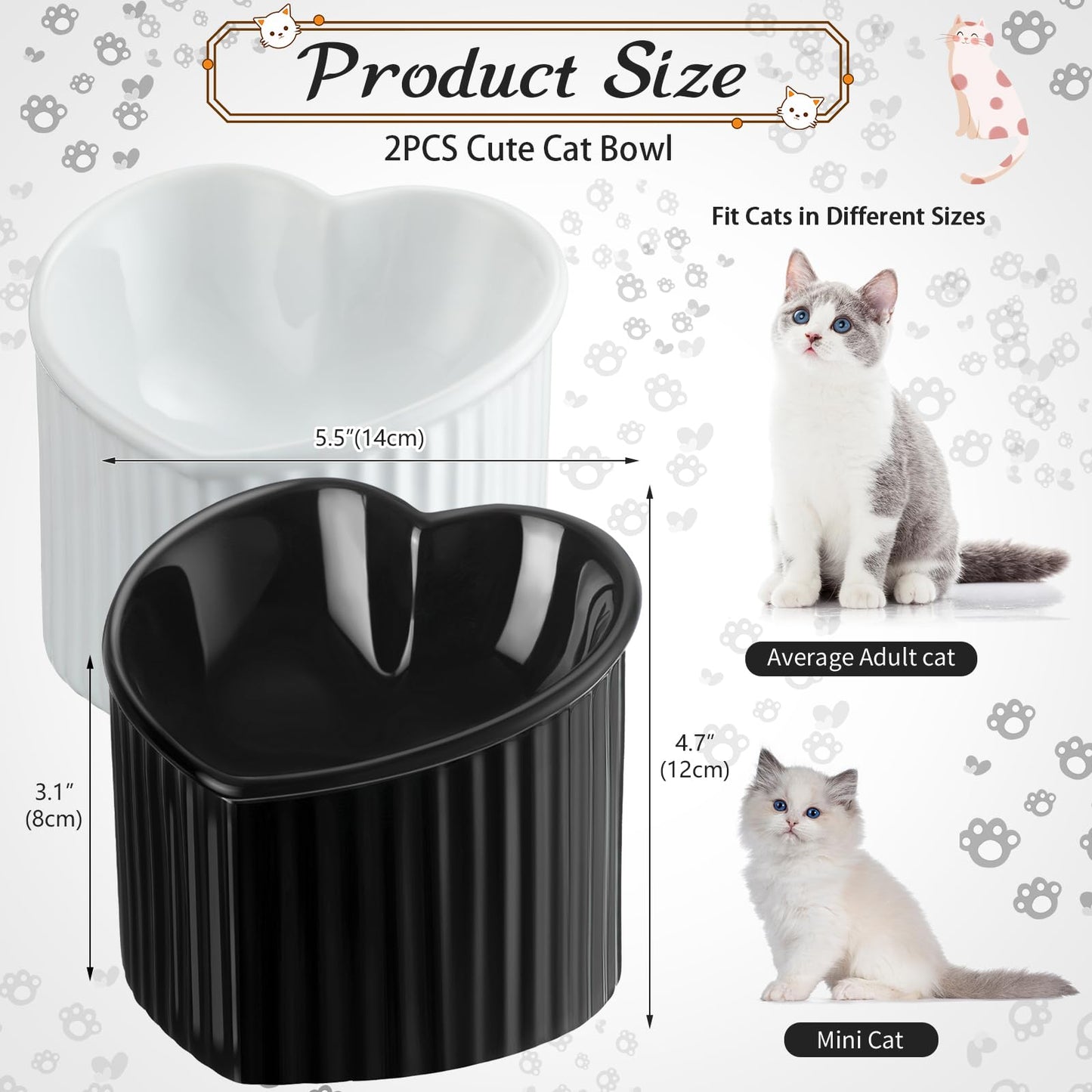 Mumufy 2 Pcs Ceramic Elevated Cat Bowls Tilted Elevated Raised Pet Bowls Anti Vomit Cat Dish for Indoor Stress Free Water Dish Feeder for Puppies, Heart Shaped(Pearly White, Black)
