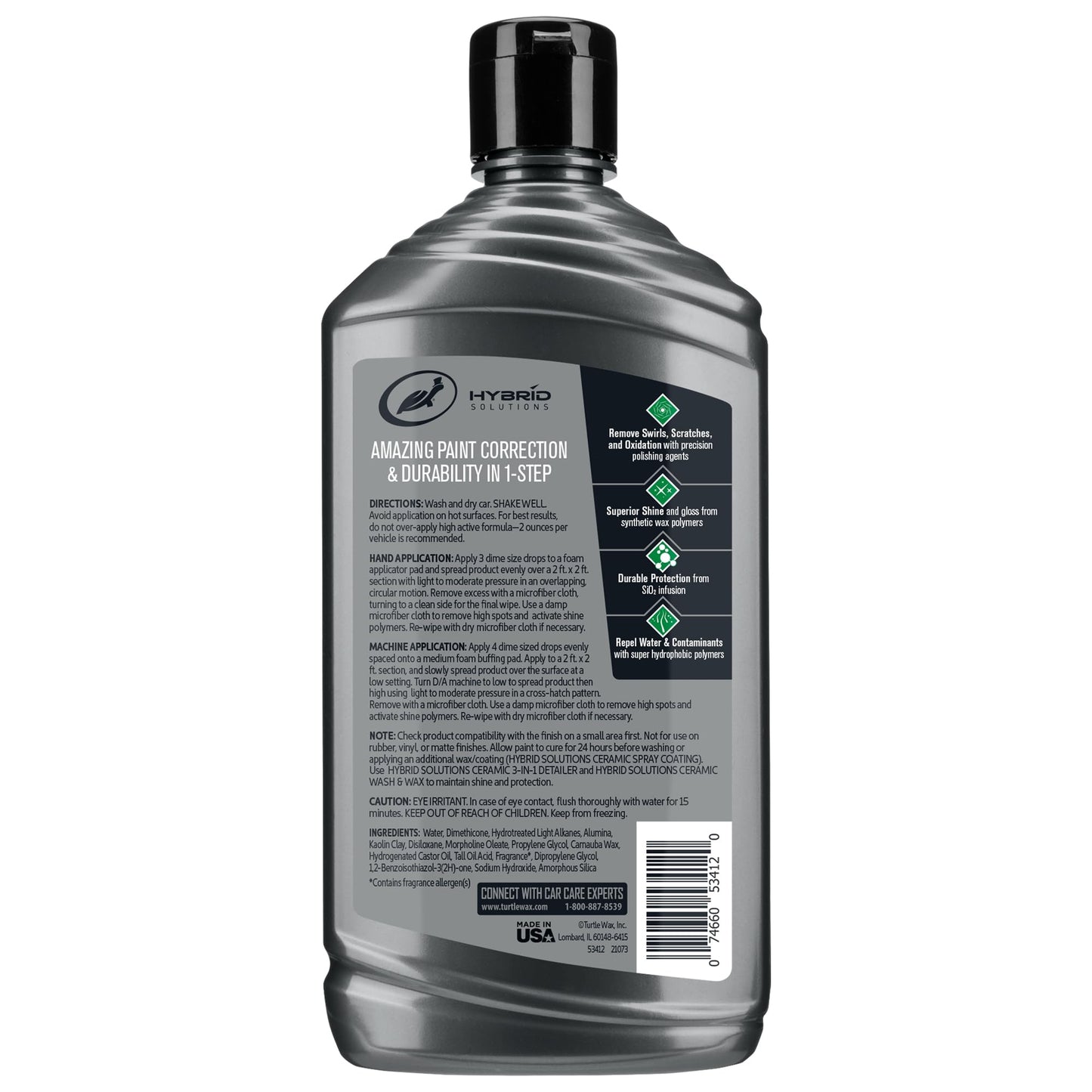 Turtle Wax Hybrid Solutions Ceramic Car Polish and Wax, Light Scratch Remover, Durable Paint Protection, Extreme Water Beading, High Gloss Shine, Hand or Machine Polisher Use, 14 oz (Pack of 1)