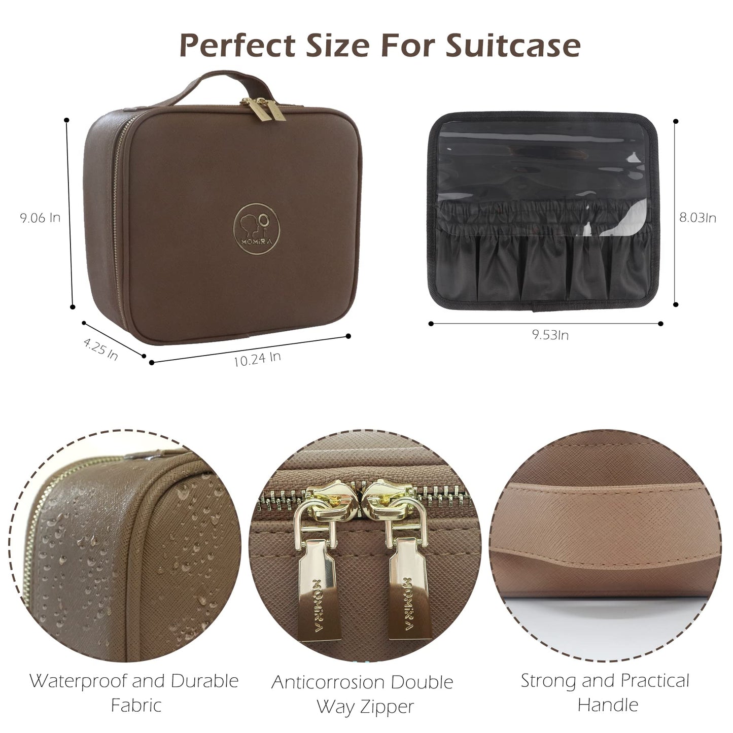 MOMIRA Travel Makeup Bag Cosmetic Bag Makeup Organizer Bag with Lighted Mirror, Adjustable Brightness in 3 Color Scenarios, Waterproof Makeup Train Case, Gift for Women - Brown