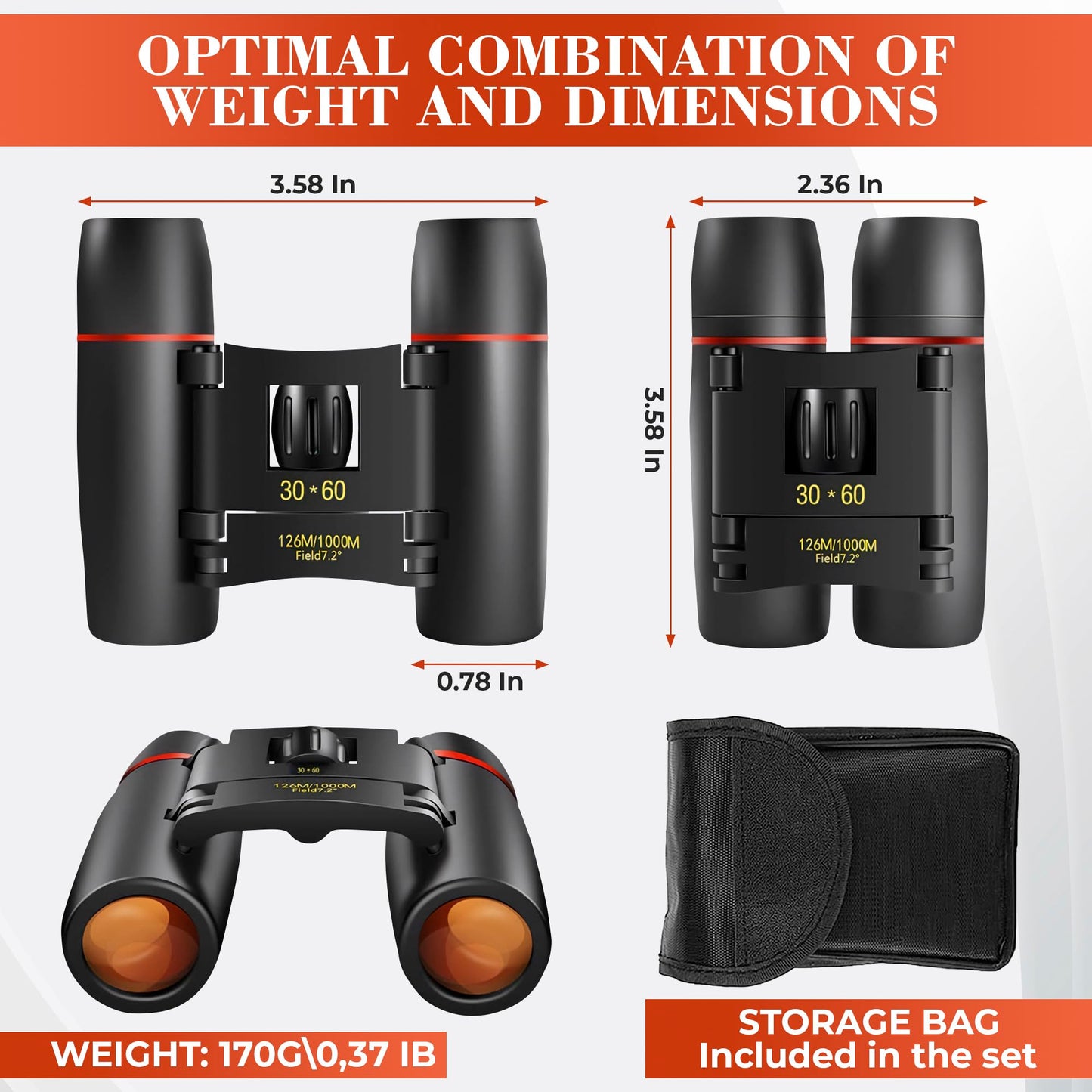 30x60 Travel Binoculars for Bird Watching – Small Binoculars for Adults with 126M/1000M Wide Field of View, 7.2° Angle & Storage Bag – Designed for Hiking, Birdwatching, and Outdoor Adventures