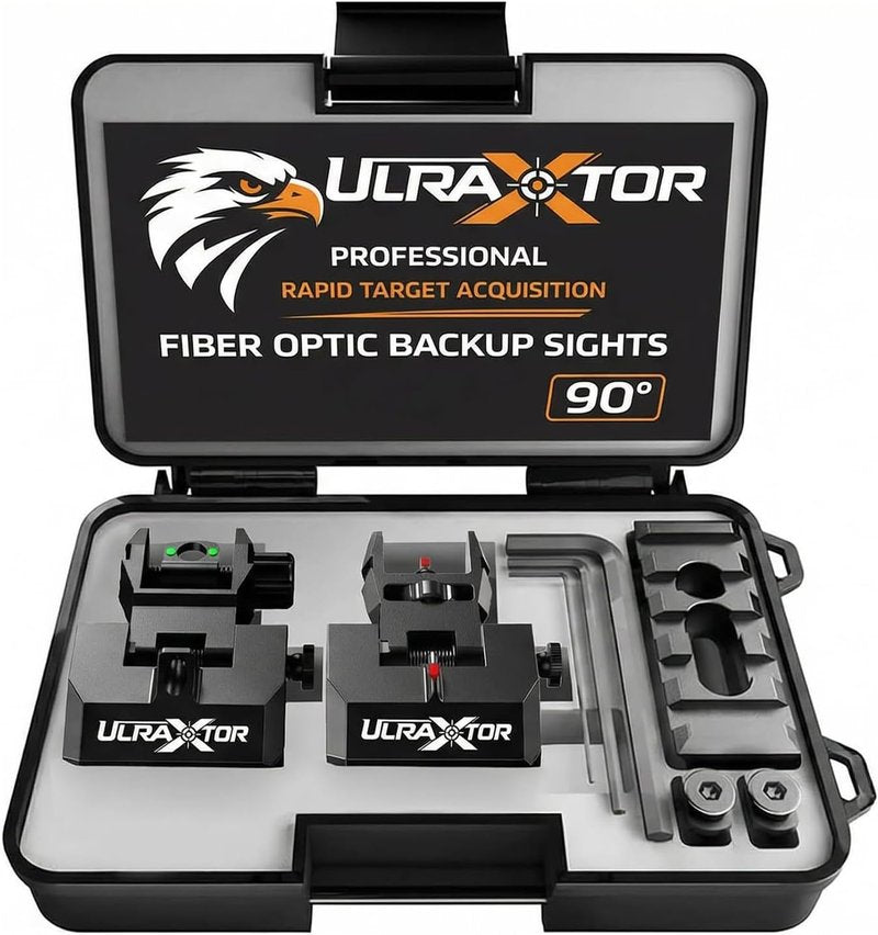Fiber Optic Flip Up Iron Sight Set for Picatinny Rail - Low Profile Front & Rear Backup Sights with Red/Green Dots