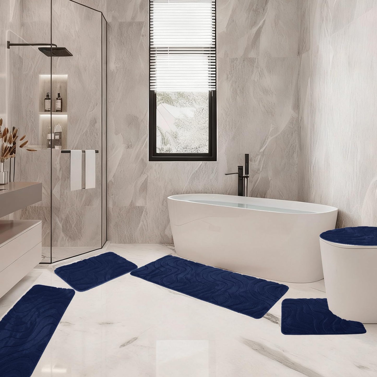 Aqzuxira Bathroom Rug Sets 5 Piece, Ultra Soft Absorbent Non-Slip Plush Bath Mats, Includes Toilet Cover, Bath Runner and U-Shaped Contour Toilet Rug, Machine Washable,Navy Blue