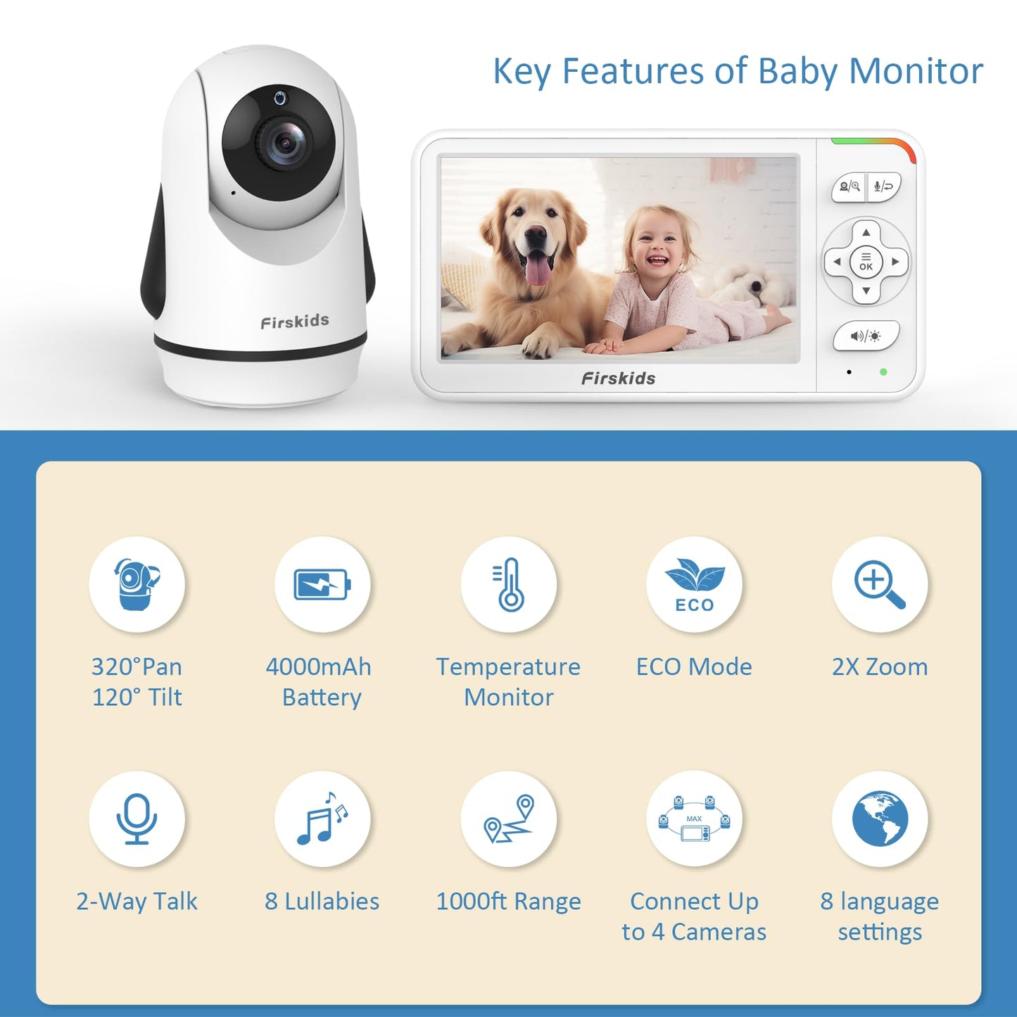 Firskids Baby Monitor, 5” Video Baby Monitor with Camera and Audio no WiFi, Pan Tilt Zoom Camera,32-Hour Battery, 2 Way Talk Temp Sensor Auto Night Vision, Suitable for Monitor Baby and Elderly