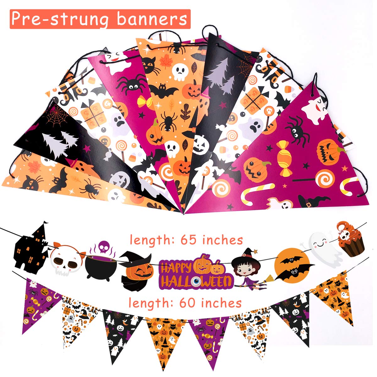 2025 Halloween Banner Party Decoration(Pre-Assembled) Cute Halloween Garland Bunting Banner Triangle Flag with Foil Swirl Ceiling Hanging Cards, Pumpkin Ghost Witches Bat Spider Skull Sticker