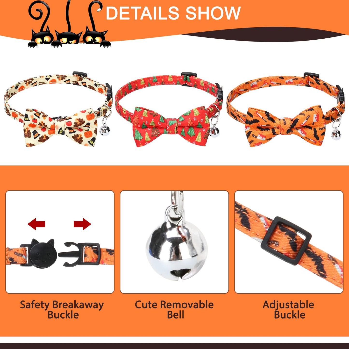 EXPAWLORER Halloween Cat Collar Breakaway with Bells - Adjustable Pet Collars with Detachable Bow Tie, 3 in 1 Holiday Cat Collars Also for Coming Thanksgiving Christmas Decoration Gifts