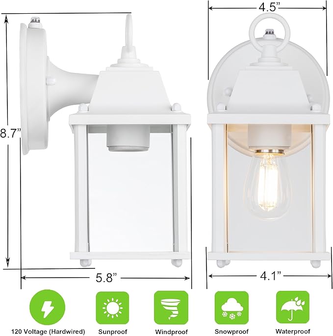 LIT-PaTH Dusk to Dawn Outdoor Wall Lantern, Wall Sconce, Waterproof Proch Light Fixture E26 Base, Aluminum Housing Glass Shade, Outdoor Rated, 2-Pack, White