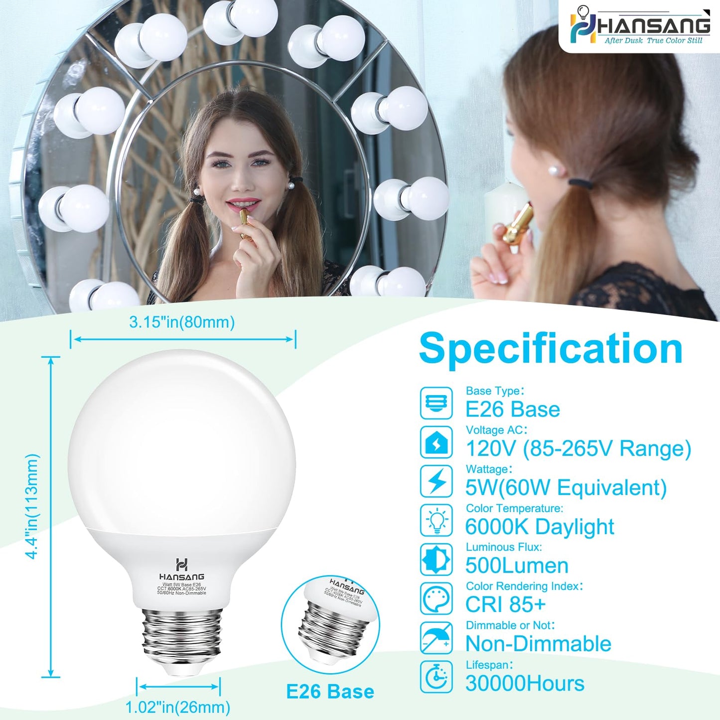 hansang 8 Pack G25 LED Vanity Light Bulbs, 6000K Cool Daylight, Globe Light Bulb 60W Incandescent Equivalent, 5W Round Light Bulb for Bathroom, E26 Standard Base, 500LM, CRI 85+, Non-Dimmable