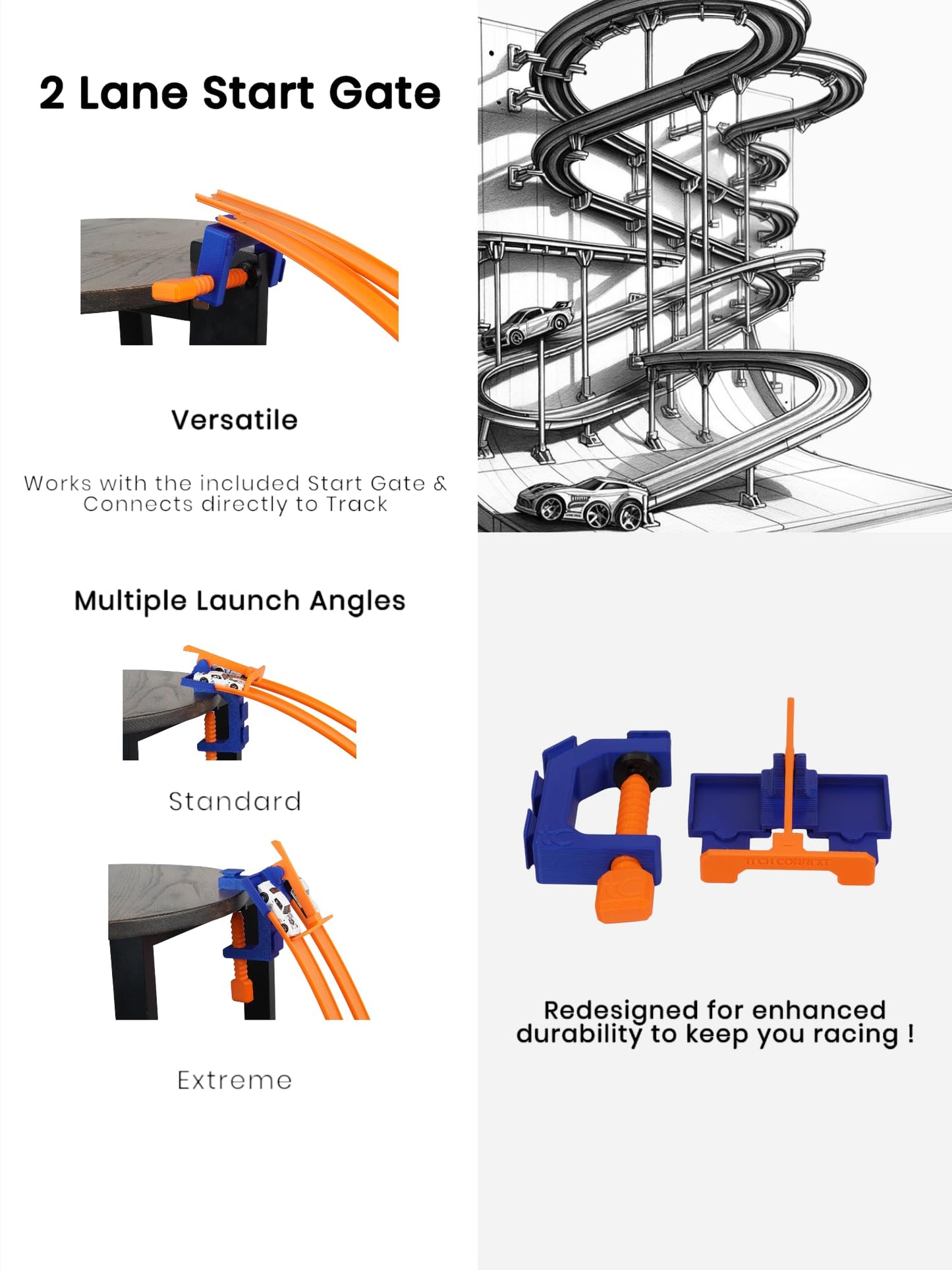 Clamp with 2 Lane Starter Gate Compatible with Hot Wheels Cars and Track (Blue/Orange)