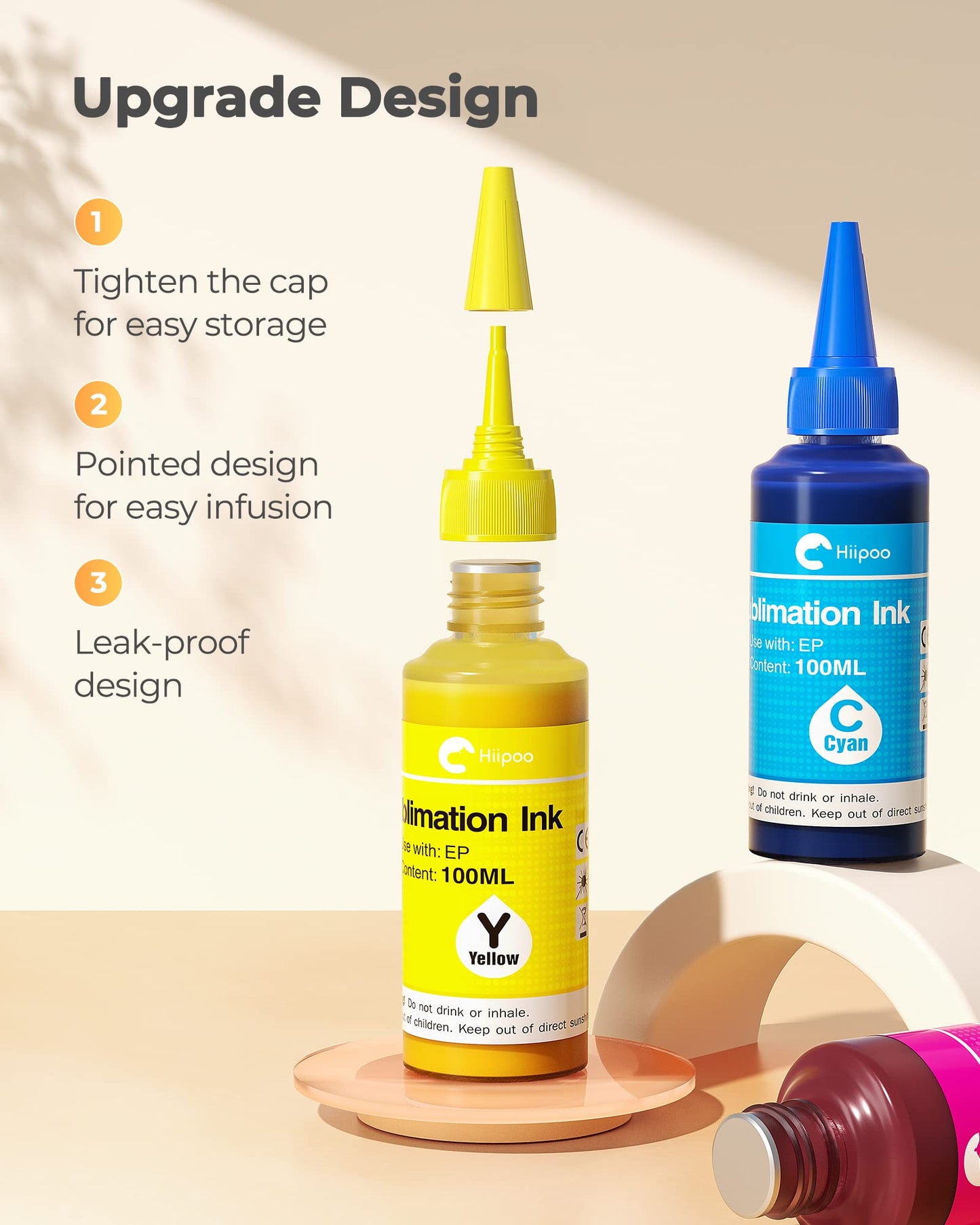 Hiipoo Sublimation Ink Refilled Bottles with Heat Tape Refill for ET2400 XP4105 XP4100 ET2720 ET2760 ET2750 ET4800 ET-2800 ET-2803 ET-2850 Inkjet Printers Heat Press Transfer on Mugs T-Shirts(BCMY)