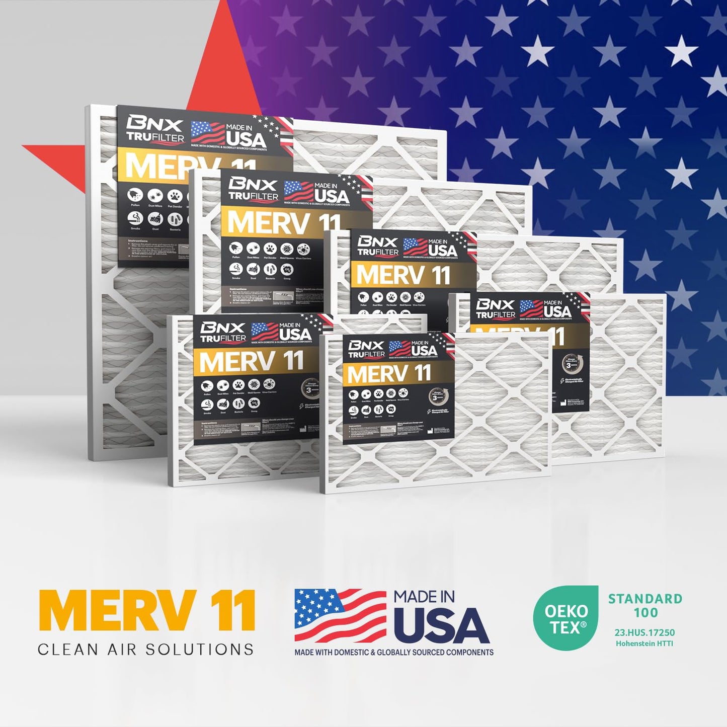 BNX TruFilter 14x14x1 Air Filter MERV 11 (6-Pack) - MADE IN USA - Allergen Defense Electrostatic Pleated Air Conditioner HVAC AC Furnace Filters for Allergies, Dust, Pet, Smoke, Allergy MPR 1200 FPR 7