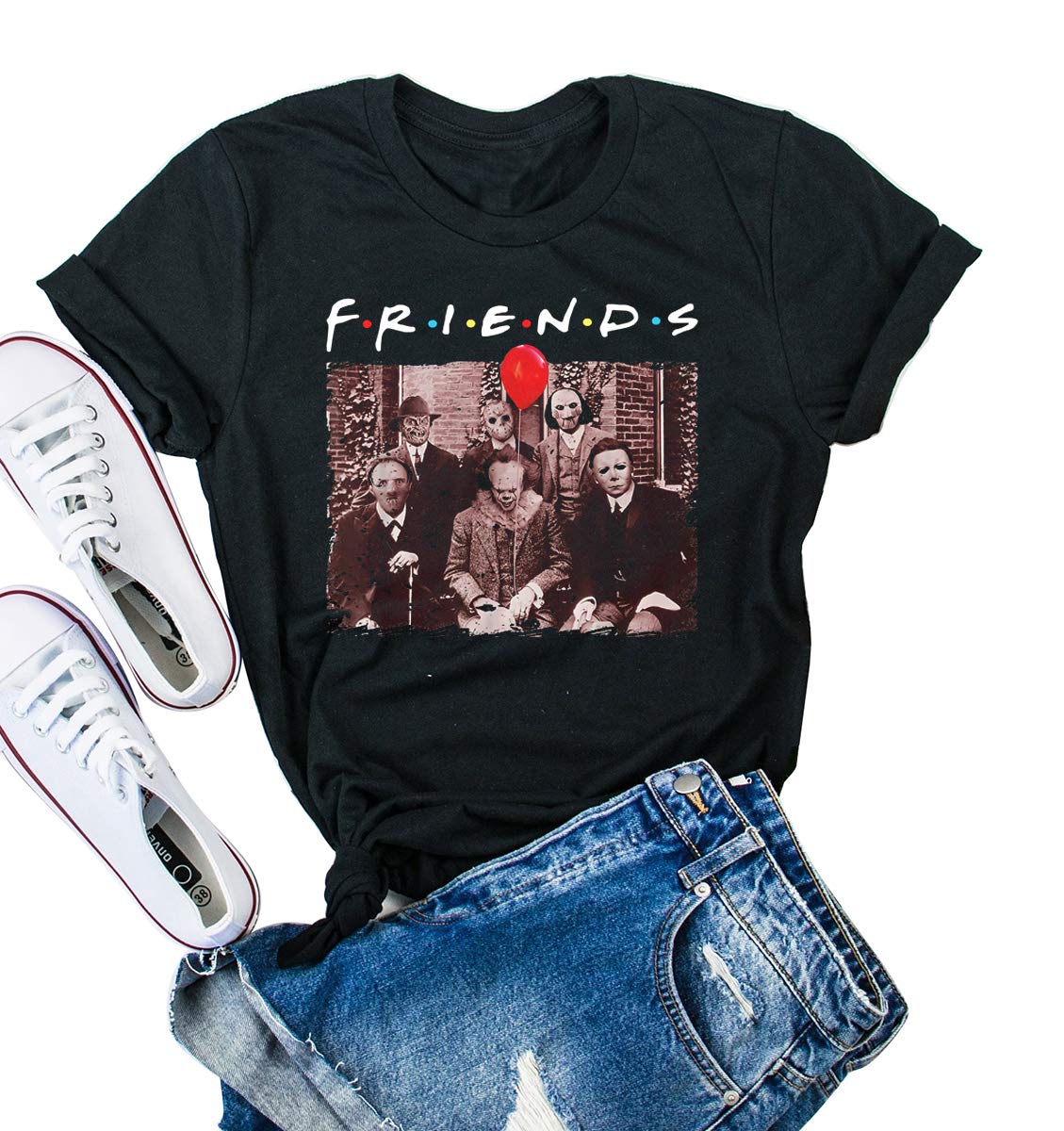 Friends Halloween Shirts for Women Scary Movies Graphic Top Tee (XL, Black Women)