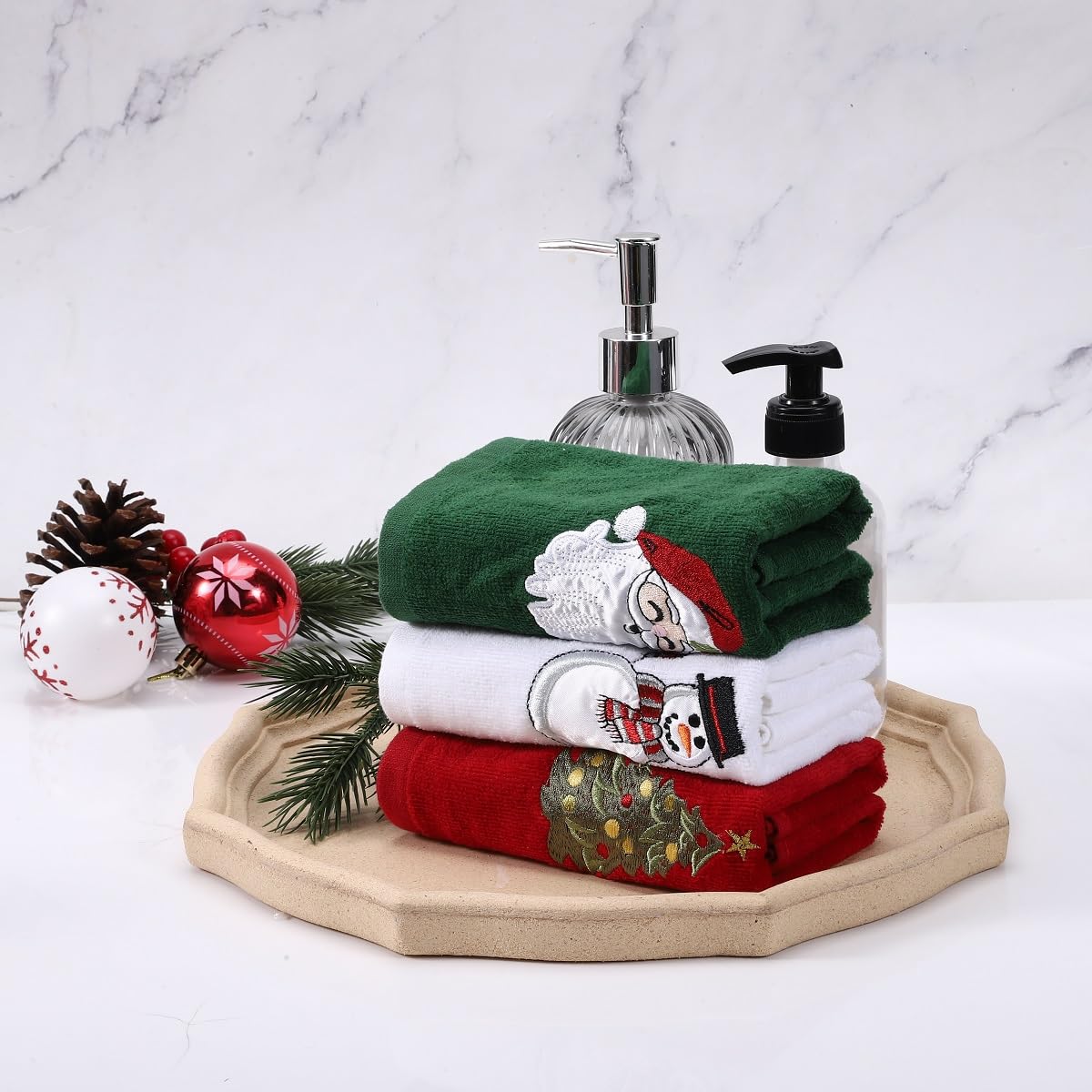 us beipin Christmas Hand Towels - Set of 3 Kitchen and Bathroom Towels - Cotton, 18x25 Inches - Embroidered Holiday Design - Decorative Dish Towels in 3 Colors( Red, Green, White)