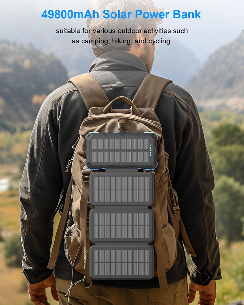 Kepswin Solar Charger Power Bank 49800mAh with 4 Built-in Cables & 3 Foldable Panels, PD22.5W Fast Portable Phone Charger, External Battery Pack with USB-C in/Output & Flashlight for Outdoor Camping