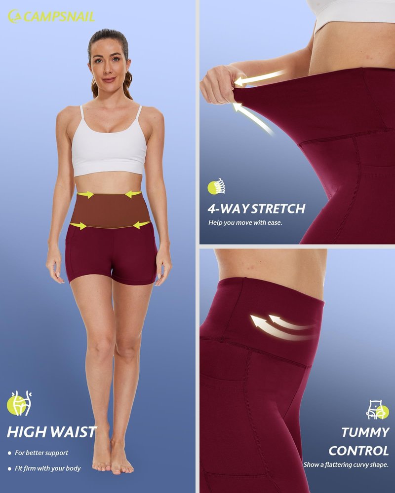 CAMPSNAIL Biker Shorts Women with Pockets - 3"/5"/8" High Waisted Workout Spandex Tummy Control Gym Running Yoga Shorts Burgundy