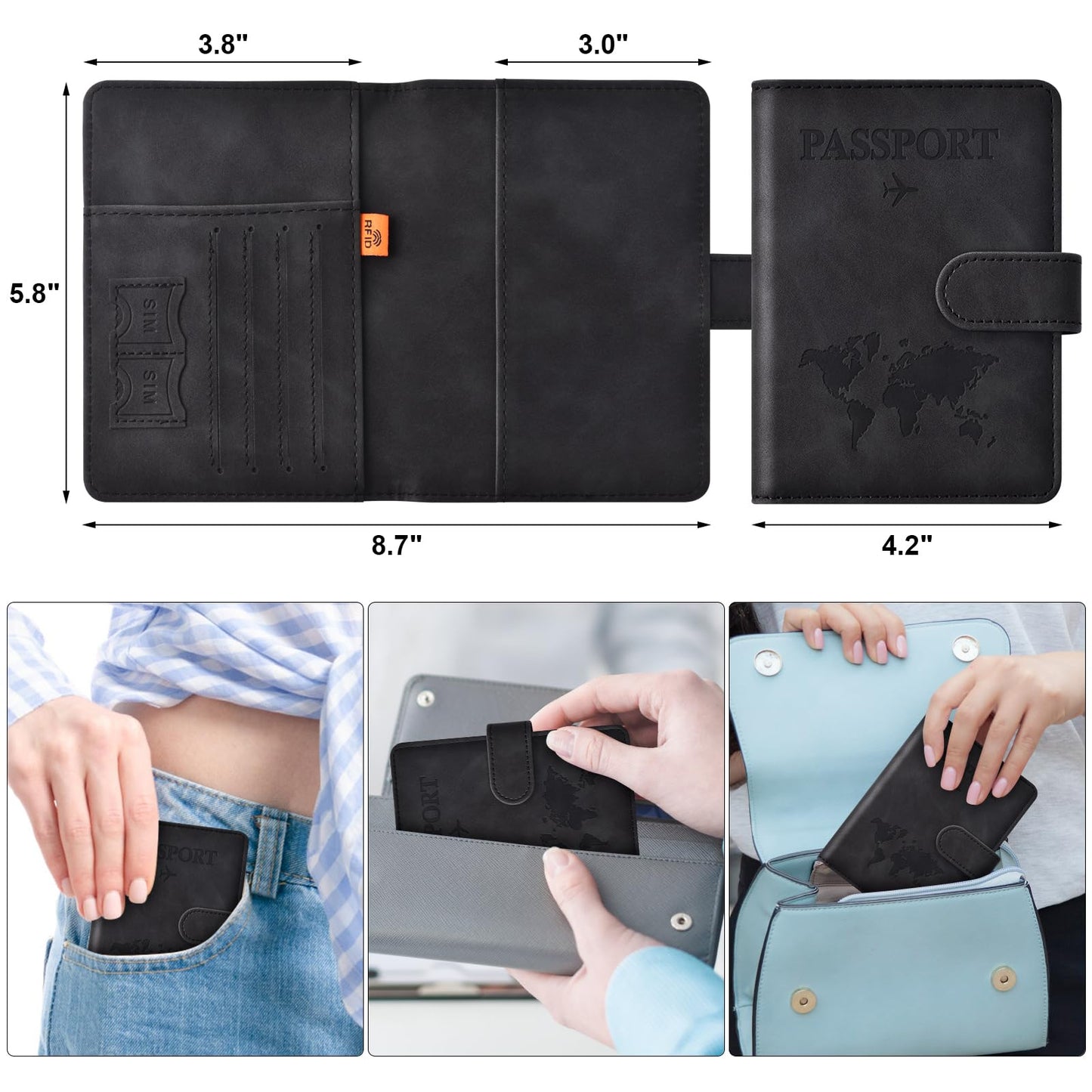 Eoehro Passport Holder for Travel Essentials, Passport Wallet Cover Case for Travel Must Haves Accessories,Passport Book Holders for Women and Men(black)